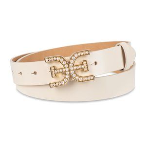 Women's Pearl Embellished Double-e Logo Plaque Buckle Belt, Ivory, Small😎
